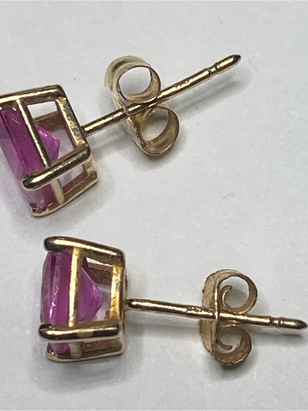 14K Yellow Gold Pink Sapphire Square Stud Post Earrings - Picture 3 of 8